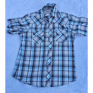 Wrangler Shirt Pearl Snap Short Sleeve Blue Black Plaid Mens Large Rodeo